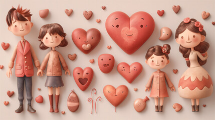 Cute Family Illustration with Hearts and Smiling Faces