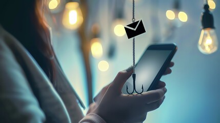 Hand holding smartphone with a phishing hook symbolizing email scam, against a blurred background of hanging light bulbs, emphasizing cyber threat.