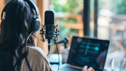 Person working on podcast production with professional microphone and laptop in a cozy home studio. Focused on audio editing.