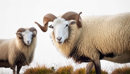 Fototapeta premium Sheep with horns walking on an isolated white background, looking at the camera. 