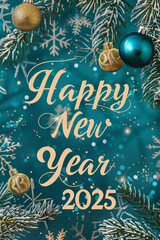 Christmas tree branches with ornaments surrounding a happy new year 2025 greeting against a teal background