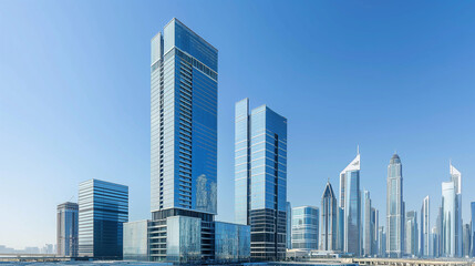 Modern skyscrapers with reflective glass facades against a clear blue sky