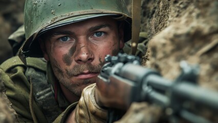 Fototapeta premium Soldier intensely focuses down the sight of his rifle, camouflaged in muddy trenches ready for battle.