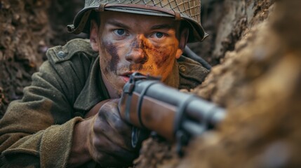 Fototapeta premium A soldier in a trench, focusing intensely with a rifle, displaying determination and courage.