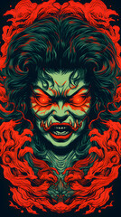 illustrated vintage style chinese woman, chinese woman, eastern woman being angry illustration vintage style