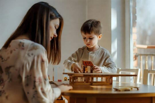 Warm mother child bonding moment over wooden toy doll house assembly in cozy indoor setting