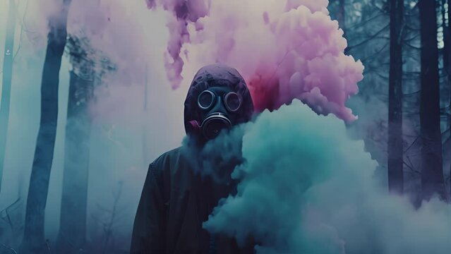 Person wearing gas mask amidst colorful smoke in dark forest, mysterious atmosphere concept. Generative AI
