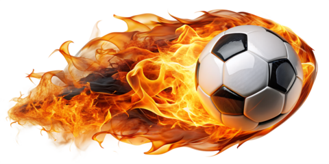Soccer ball flying on fire isolated on white background. PNG AI GENERATED