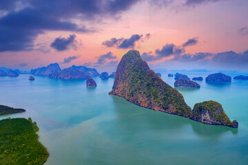 Sunset landscape Phang Nga river and national park with mangrove jungle bay, aerial view. Amazing nature landmark of Thailand