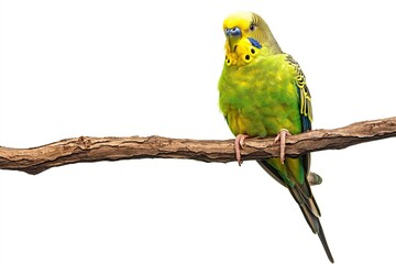 A photo of a budgerigar perched on a branch isolated against a white background. The bird is the focal point of attention, creating a visually appealing and eye-catching composition.