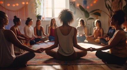 Yoga coach holding hands of women group during holistic healing session. sitting in circle meditating together doing breathing exercises giving support at body care training