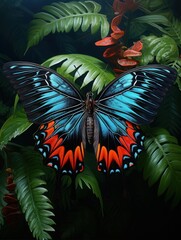 Generate a captivating scene of a tropical butterfly showcasing its delicate, colorful, long shot angle wings in contrast with a deep, dark background