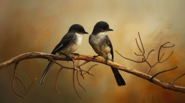 Two Marico flycatchers on a candle pod acacia branch