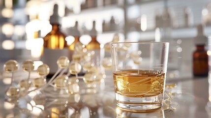 Whiskey glass on reflective surface with laboratory background, warm lighting creates cozy, focus on drink luxury sophistication. Image blends themes relaxation scientific research environment.