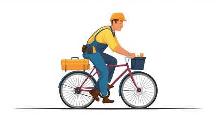 Fototapeta premium Worker riding a bicycle. Male builder and bike, toolbox. Vector illustration isolated on white background