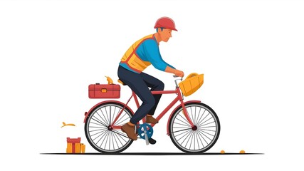 Fototapeta premium Construction Worker Biking with Tools Vector Art on white background