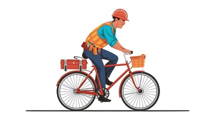 Fototapeta premium Construction Worker Biking with Tools Vector Art on white background