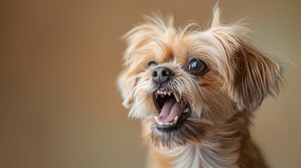 Lhasa Apso, angry dog baring its teeth, studio lighting pastel background