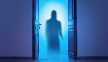 Fototapeta premium Blurred shadow in blue light outside the door. The concept of nightmares, ghosts, horror, paranormal 
