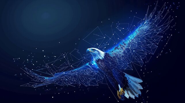 An eagle in flight is portrayed from abstract polygonal points in blue illustrating a low poly eagle in motion formed by lines and connected shapes crafted as a vector illustration