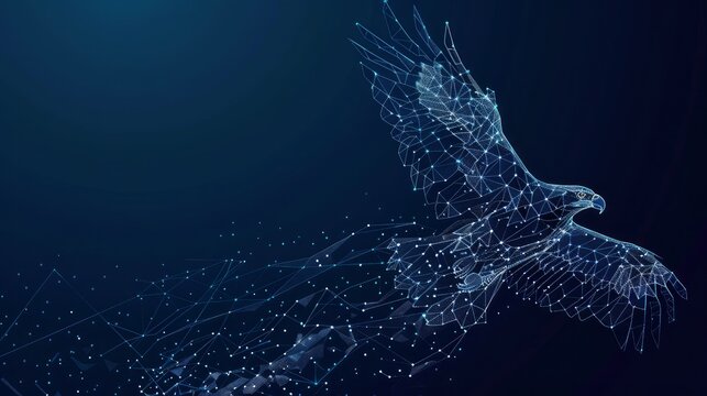 An eagle in flight is portrayed from abstract polygonal points in blue illustrating a low poly eagle in motion formed by lines and connected shapes crafted as a vector illustration
