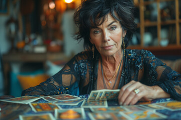 Fototapeta premium Old woman fortune teller with dark long hair sitting at the table with taro card deck.