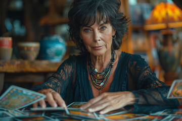 Fototapeta premium Old woman fortune teller with dark long hair sitting at the table with taro card deck.