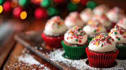 horizontal banner, Portugal day celebration, round multicolored cupcakes with icing, decorated with confetti and powdered sugar, sweets for children, homemade cakes and desserts