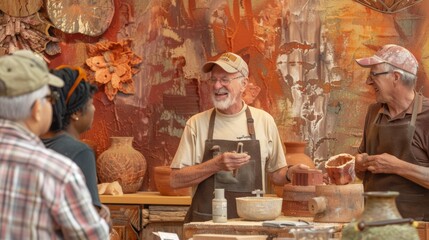 Diverse Group of Adults at Woodworking Class Led by Elderly White Male Instructor in Workshop