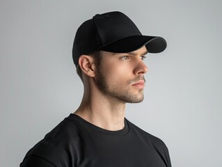 Portrait of a man wearing a black baseball cap and a black shirt captured in a studio setting The neutral background. Ideal for fashion Mockups and apparel promotions