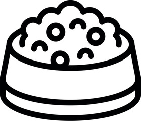 Black outline icon of a full dog bowl with dry food isolated on white background