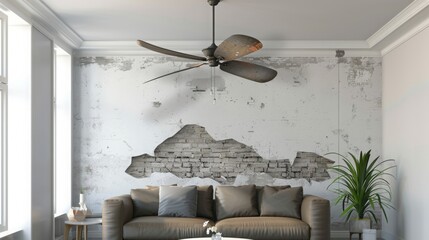 A ceiling fan is installed in a living room with a distressed wall that reveals a brick wall behind. The room features a brown couch and green plant.
