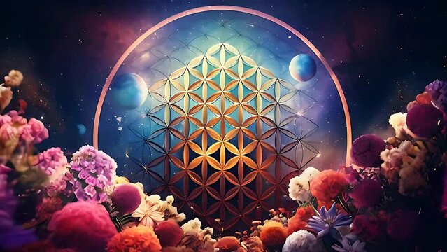 Flower of Life Mandala Sacred Geometry Flower Arrangement With Golden Geometric Pattern and Cosmic Background