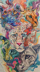 Vibrant Abstract Art of Wild Cats - Colorful and Intricate Illustration Featuring Leopards, Tigers, and Domestic Cats in a Psychedelic Style