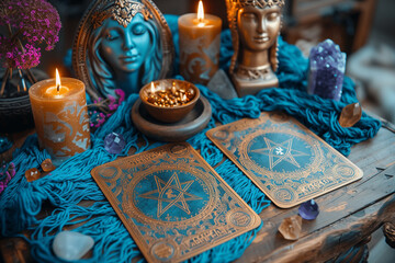 Taro cards on the tables with candles, decorated by mystery items.