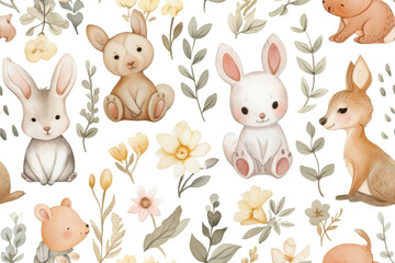 Obraz premium Cute Hand-Drawn Woodland Animals and Floral Pattern - Adorable Rabbits, Deer, and Flowers in Soft Pastel Colors - Perfect for Children's Designs, Nursery Decor, and Stationery