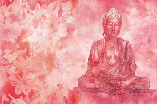 Serene Buddha Statue with Cherry Blossom Background in Pink Tones - Tranquil and Spiritual Art for Meditation, Zen, and Mindfulness Themes