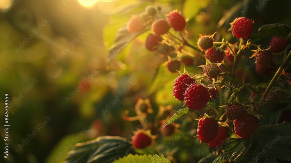 Wall mural under the warm summer sun there are some unripe raspberries