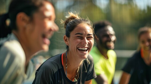 Multicultural Friends Enjoying Outdoor Padel Tennis Game, Radiating Joy and Team Spirit in Daylight