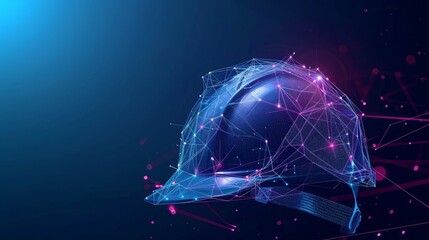 The concept of work safety is portrayed with a safety construction helmet in a futuristic glowing low polygonal style against a dark blue background designed as a modern abstract