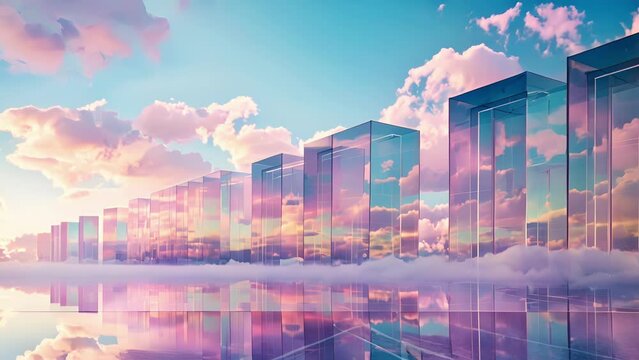 A serene sky filled with clouds made of secure data centers representing the safeguarding of your crypto investments in the cloud.