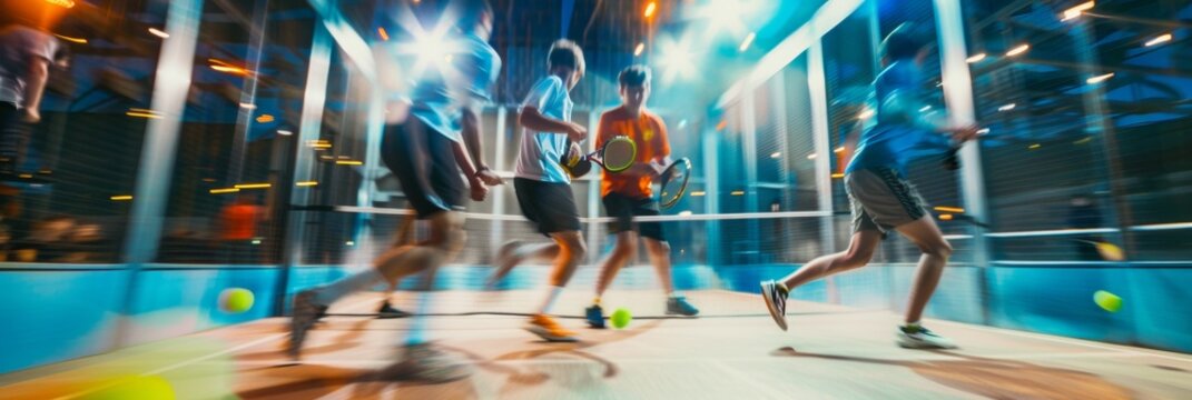 Dynamic Teenagers Engaged in Evening Padel Game on Vibrant Indoor Court