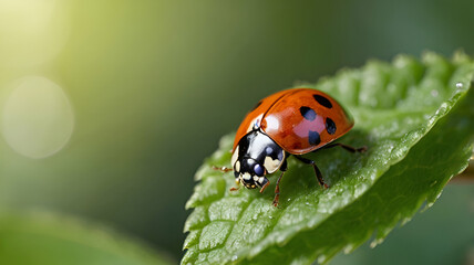 Fototapeta premium Default Beautiful ladybug on leaf def Macro photo of Ladybug in the green leaf Macro bugs and insects world. Nature in spring concept.green background GENERATE AI, 