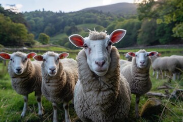 Fototapeta premium A flock of sheep, white with short wool and pink ears, looking at the camera in a picturesque springtime countryside landscape bathed in sunlight.
