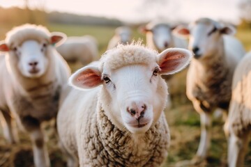 Fototapeta premium A flock of sheep, white with short wool and pink ears, looking at the camera in a picturesque springtime countryside landscape bathed in sunlight.