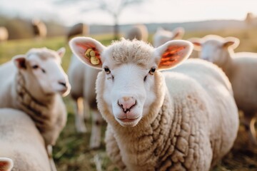 A flock of sheep, white with short wool and pink ears, looking at the camera in a picturesque springtime countryside landscape bathed in sunlight.
