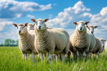 Obraz premium A flock of sheep, white with short wool and pink ears, looking at the camera in a picturesque springtime countryside landscape bathed in sunlight.