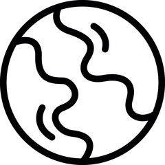 Simple black and white line art icon of planet earth showing oceans and continents