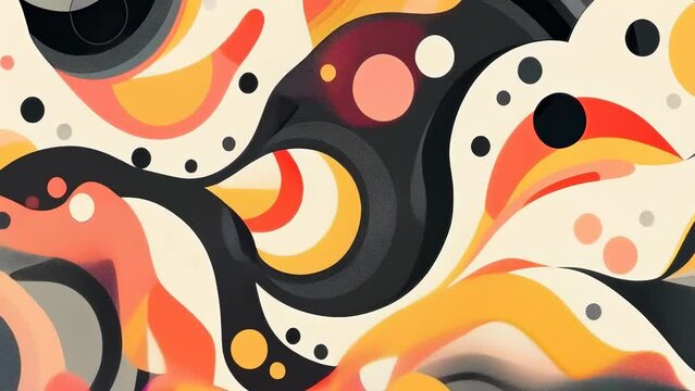 Vibrant retro-styled abstract artwork featuring swirling curved shapes in orange, black, and cream colors. The 1970s-inspired psychedelic pattern is composed of various dots and waves