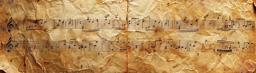 Aged classical sheet music with grunge texture, rough edges, conceptual artwork of instruments, vintage entertainment theme 8K , high-resolution, ultra HD,up32K HD